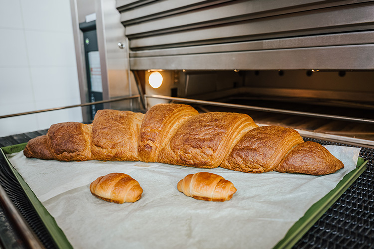 Um ein stabiles Produkt in dieser Größe zu erhalten, mussten verschiedene Parameter im Backprozess im Vergleich zur Produktion der herkömmlichen Croissants angepasst werden. Foto: Studio-Hub