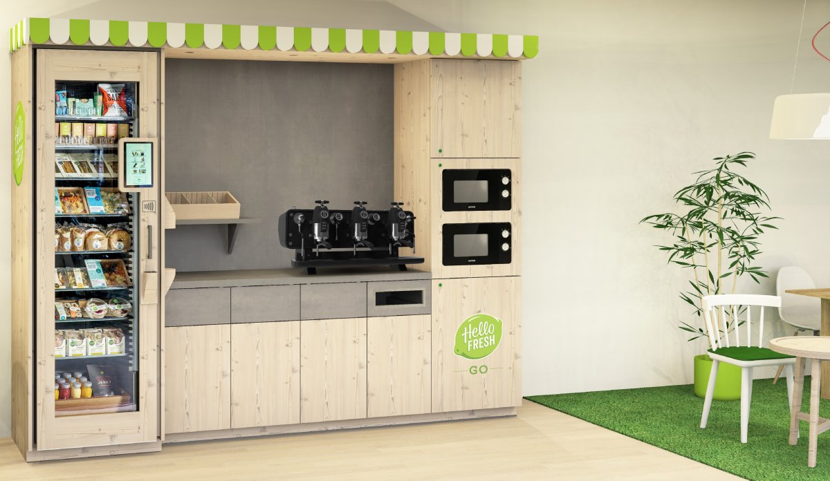 Smart Fridge, Mikrowellen- sowie eine Recyclingstation des neuen Bistro-Konzepts können optional um eine Kaffeestation ergänzt werden. Foto: Hello Fresh Go