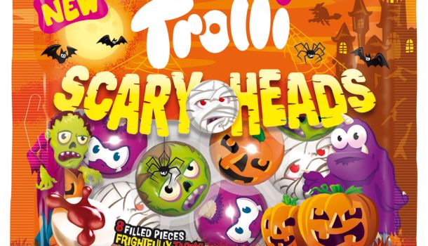 Die Abbildung zeigt eine 150-Gramm-Packung der Süßware Scary-Heads des Herstellers Trolli.